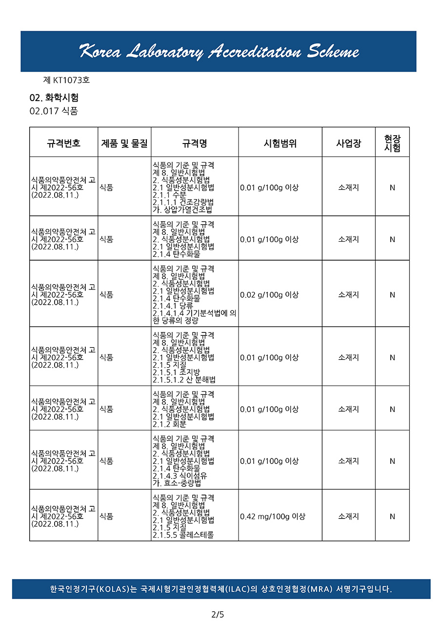 한국인정기국 KOLAS 국제인증시험기관 인정서